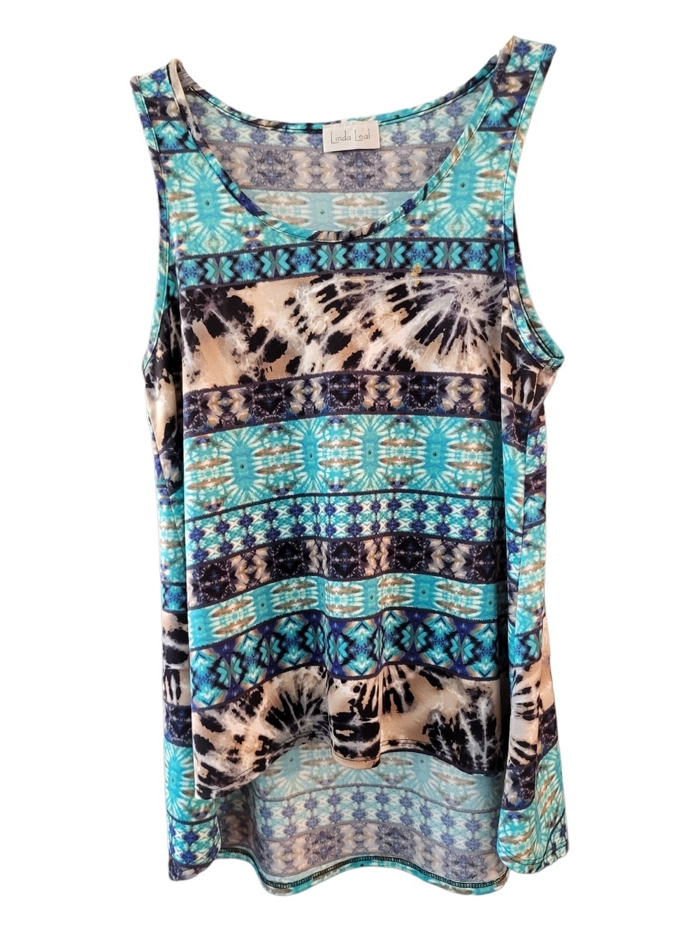 Linda Leal Turquoise & Black Patterned Hi-low Sleeveless Tank - Size S*